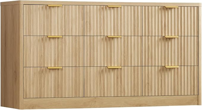63" Dresser for Bedroom with 9 Drawers, Modern Dressers & Chest of Drawers with Metal Handles, Fluted Dresser, Wood Closet Clothes Storage Organizer for Living Room, Hallway, Natural
