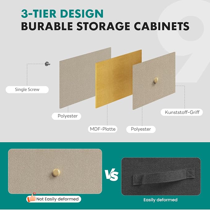 DUMOS 9 Drawer Dresser for Bedroom, Storage Organizer Chest of Drawers | Fabric Bins Storage Tower with Sturdy Metal Frame, Wood Tabletop for Closet, Khaki