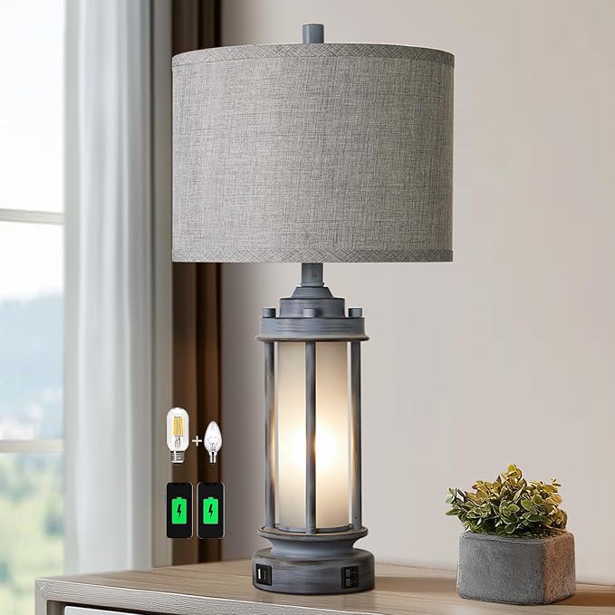 AIEAMPDO 25" Rustic Farmhouse Nightstand Lamp with 2 USB C+A Ports | Rustic Vintage Antique Retro Design With Light Green Glass Nightlight. Table Lamp for Bedroom Living Room, 2 Bulbs Included