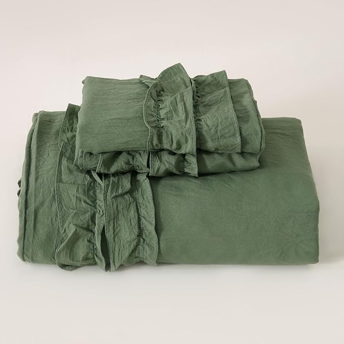 Bedorm Boho Queen Duvet Cover Olive Green Bedding Set Shabby Chic Lace Fringe Ruffle Bedding Super Soft Warm Farmhouse Comforter Cover 3 Pcs Sets