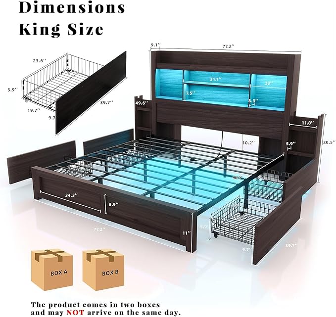 LUXOAK King Bed Frame with Storage, Bookcase Headboard, Black | 49.6" Headboard, Wood Platform Bed, Charging Station, Bedside Storage, 4 Storage Drawers, No Box Spring Needed, Farmhouse