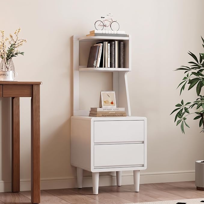 Solid Wood Bookshelf Nightstand Combo, Tall Nightstand with Bookshelf | White Nightstand Bookshelf,Solid Wood Nightstand with Drawers,Open Shelf Bookcase,for Bedroom,Living Room,Offices