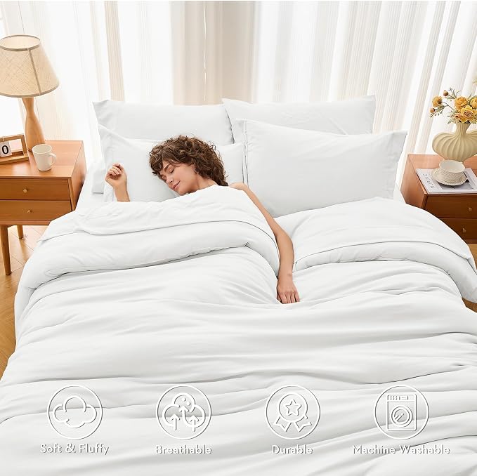 7 Pieces King Comforter Set, Soft Bed in a Bag King Size, All Season Bedding Set with Comforter, Flat Sheet, Fitted Sheet, Pillowcases & Shams, White