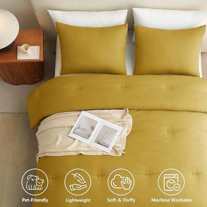 Queen Comforter Set 3-Piece Down Alternative Bedding Mustard Yellow | 270 GSM All Season Comforter with 4 Corner Ties for Use as a Duvet Insert, OEKO-TEX Certified, 2 Pillowcases, 88 x 88 in