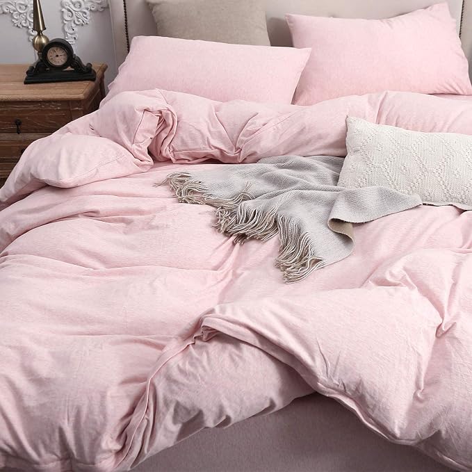 PURE ERA Jersey Knit Sheet Set Heather Pink King | 100% Cotton, 3 Piece Set, T Shirt Soft, Breathable, Envelope Closure Pillowcases, Hidden Zipper, 8 Ties, No Insert, Modern