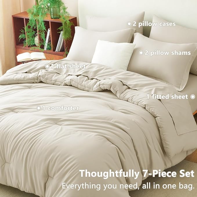 Queen Comforter Set Oatmeal, 7 Pieces Bed in a Bag | OEKO-TEX Certified, All-Season, Bedroom, 240GSM Down Alternative Comforter, Flat & Fitted Sheets, 2 Pillowcases & 2 Shams