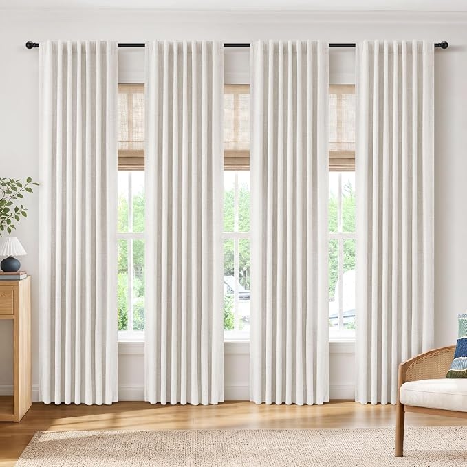 INOVADAY 100% Blackout Linen Curtains for Bedroom 42x84 Inches Beige | Linen Textured, Light Blocking, Room Darkening, Thermal Insulated, Back Tab Top, Window Curtains for Living Room, 4 Panels