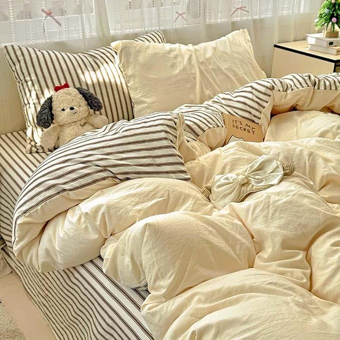 Nayoroom Striped Duvet Cover Queen Size Brown Stripe Reversible Yellow Duvet Cover Aesthetic Dorm Bedding Set 3 Pieces Soft Microfiber Farmhouse Bedding Set Gifts for Women Men