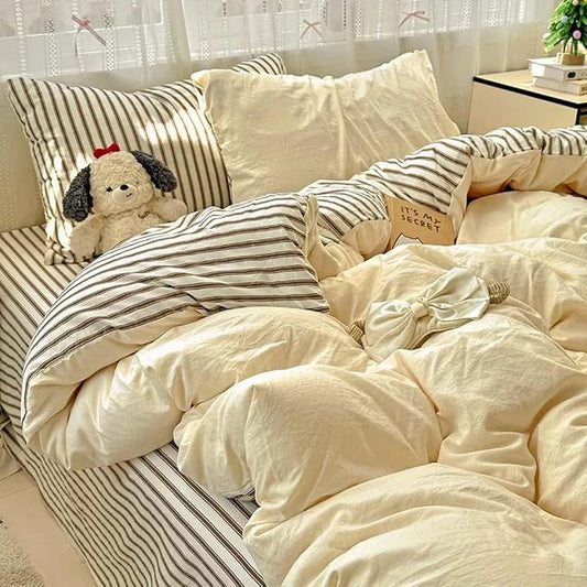Nayoroom Striped Duvet Cover Queen Size Brown Stripe Reversible Yellow Duvet Cover Aesthetic Dorm Bedding Set 3 Pieces Soft Microfiber Farmhouse Bedding Set Gifts for Women Men