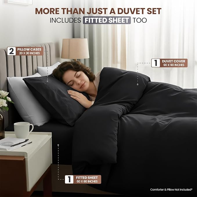 Utopia Bedding 4 Piece Bedding Set - 1 Fitted Sheet (60x80), 1 Duvet Cover Queen Size, 2 Pillow Case Standard - All Season Luxury Bed in a Bag with Zippered Queen Duvet Cover - No Comforter (Black)