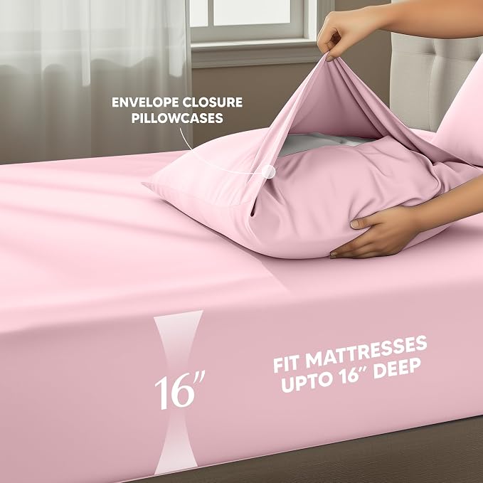 Cal King Sheets Set, 4 Pieces 16" Deep Pocket Bed Sheets, Crystal Pink | Extra Soft Bedsheet Set, Comfy & Breathable Cooling Sheets, Wrinkle & Fade Resistant, Fitted Sheet, Flat Sheet, 2 Pillowcases