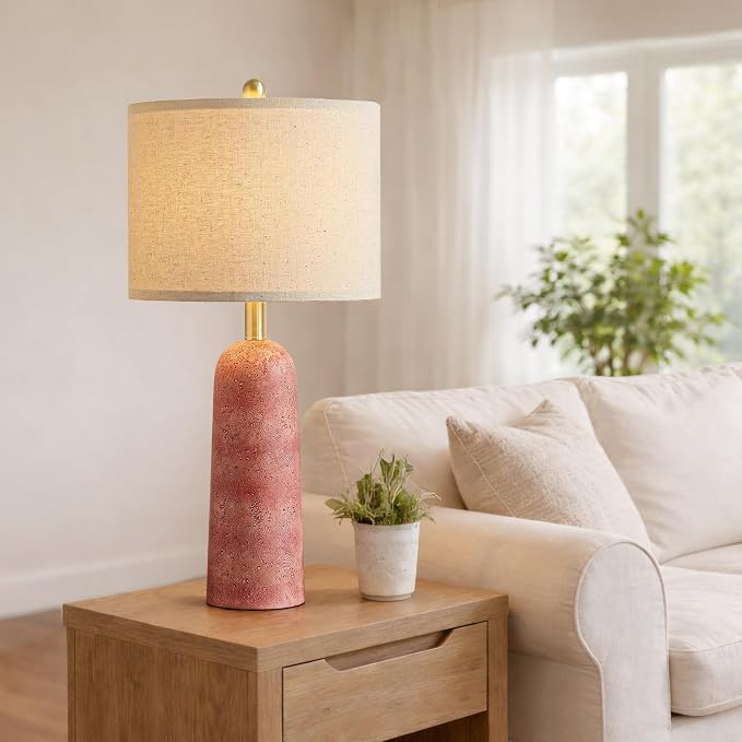 BOBOMOMO 27.25" Modern Table Lamp Set of 2, Red Resin Table Lamps with Stone Look, Lamps for Living Room with Linen Shades, Bedside Lamps for Bedroom Nightstand, Table Lamps for Living Room End Tables