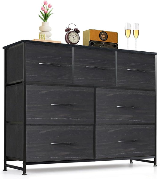 7-Drawer Dresser for Bedroom, Anti-Tip Wide Storage Organizer Fabric | Chest of Drawers TV Stand for 45" TV with Wooden Top Metal Frame for Closet, Living Room, Hallway, Entryway, Charcoal Black