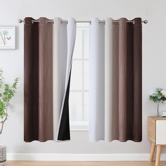 Brown and Greyish White Blackout Curtains 52Wx63L 2 Panels | Ombre Curtains for Bedroom,Thermal Insulated,Full Room Darkening,Energy Saving,Gradient Grommet Window Drapes for Living Room