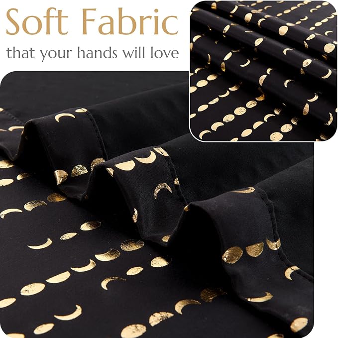 jinchan Boho Blackout Curtains 63 Inch Length Moon Phase Printed Drapes | Gold on Black Farmhouse Curtain for Bedroom Living Room Back Tab Rod Pocket Drapes Room Darkening Window Treatment 2 Panels