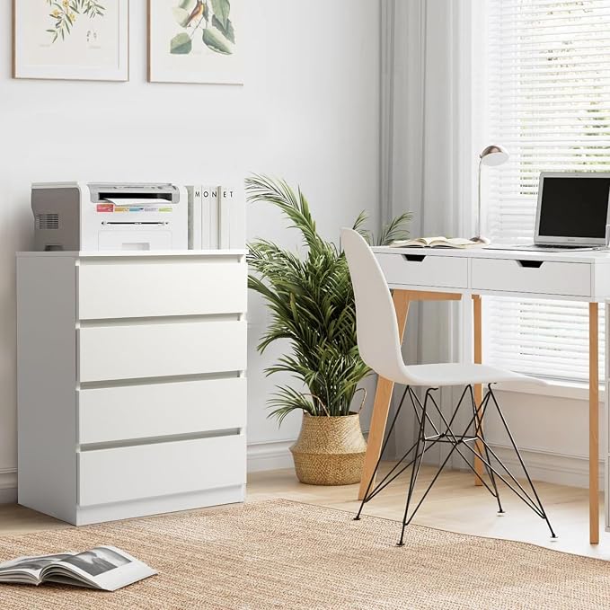 Vibe & Dine 4 Drawer Dresser, Modern Chest of Drawers Without Handle, Wooden Tall Nightstand for Bedroom, White