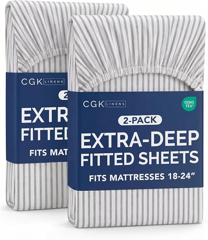 2 Pack Extra Deep Cal King Fitted Sheets with Deep Pockets - Grey Stripes | Hotel Luxury Bottom Fitted Sheets Only, Soft, Fade & Wrinkle Free, Breathable & Comfy, All Around Elastic Fitted Sheets