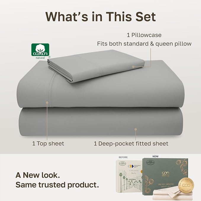 California Design Den 600 Thread Count 3 Pc Twin Bedsheets Set - Light Grey | 100% Cotton Sateen Backed by Good Housekeeping Seal, Soft & Smooth, All-Around Elastic, Durable, Easy Care