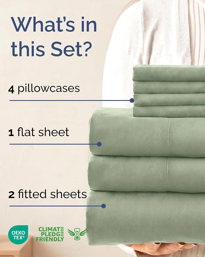 Split King 7 Piece Bed Sheet Set - Comfy, Breathable & Cooling - Eucalyptus | Ultra-Soft Hotel Luxury Bedding Set w/ 8-16 Inch Deep Pockets, 1 Flat & 2 Fitted Sheet & 4 Pillowcases, Wrinkle & Fade Free