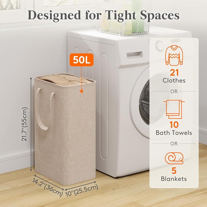 Lifewit Slim Collapsible Laundry Basket with Handles, 50L, Beige | Narrow Laundry Hamper for Dirty Clothes, Tall Thin Laundry Bin, Small Clothes Hamper for Bathroom, Bedroom, RV, Dorm