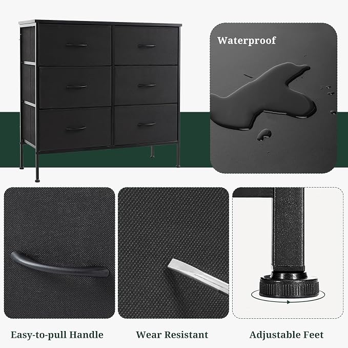 6-Drawer Dresser for Bedroom, Anti-Tip Wide Storage Organizer | Chest of Drawers with Wooden Top and Metal Frame Fabric Bins for Closet, Living Room, Hallway, Entryway, Black