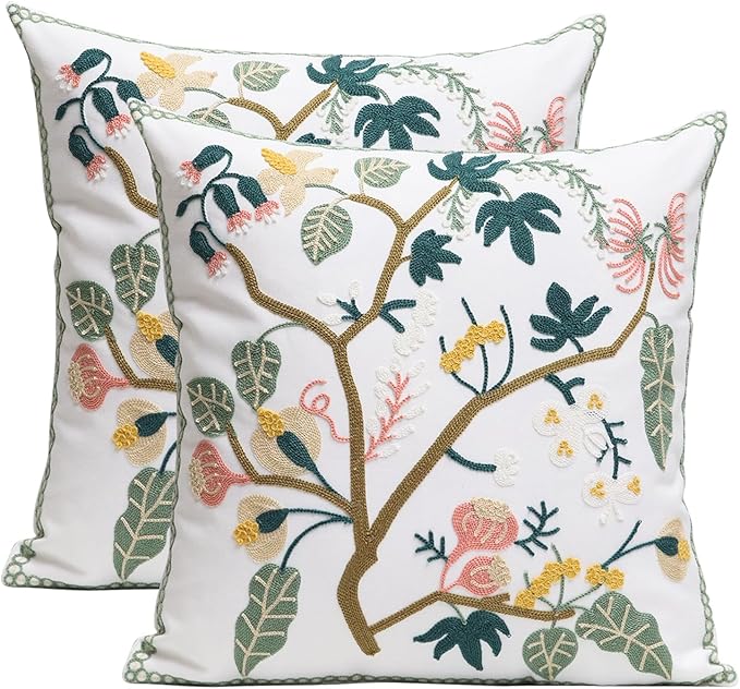 Pack of 2 Embroidered Decorative Throw Pillow Cover 18x18 Inch Farmhouse Floral Pillowcase for Living Room Sofa Bed (Spring Tree Floral)