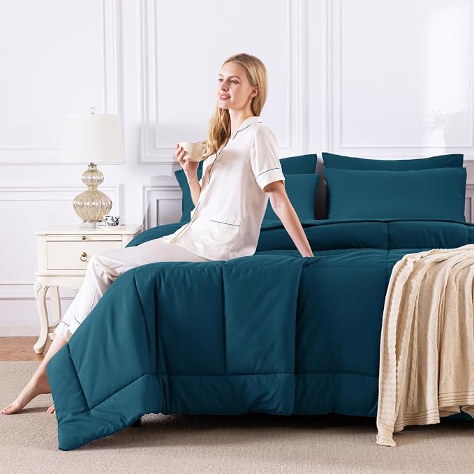 King Size Comforter Set Lyons Blue - 7 Pieces Bed in a Bag | OEKO-TEX Certified, All-Season, Bedroom, Guest Room, Down-Alternative Comforter + Flat & Fitted Sheets + 4 Pillowcases