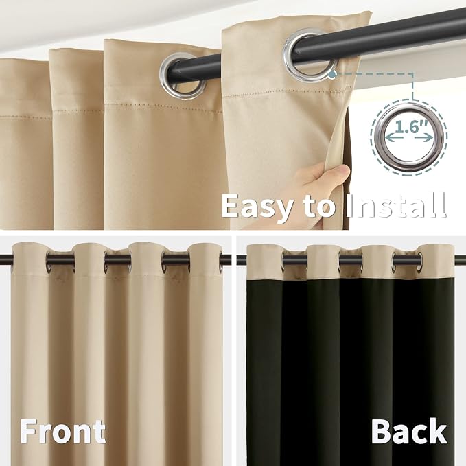 BGment Thermal Insulated 100% Blackout Curtains for Bedroom with Black Liner, Double Layer Full Room Darkening Noise Reducing Grommet Curtain (52 x 90 Inch, Beige, 2 Panels)