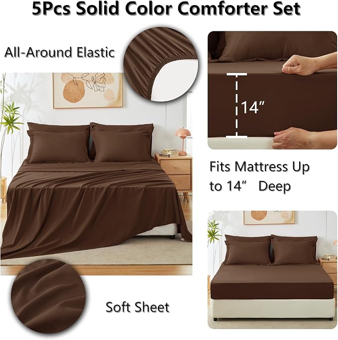 Twin XL Comforter Brown, 5 Pieces Bed in a Bag | College Dorm Essentials, OEKO-TEX Certified, 240GSM Down Alternative Comforter, Flat & Fitted Sheets, Pillowcase & Sham