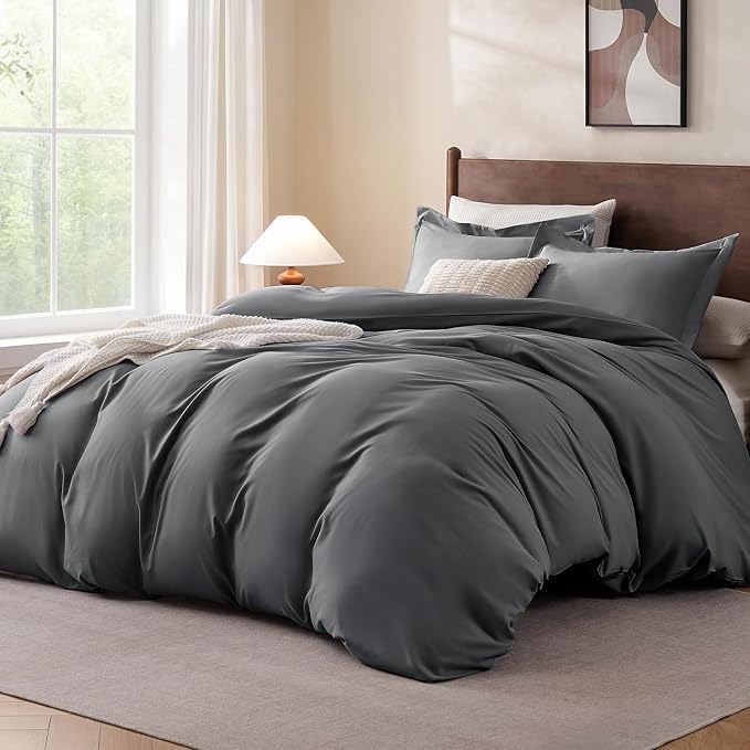FreshCulture Twin Duvet Cover - 2 Pieces Microfiber Duvet Cover Set with Zipper Closure - Lightweight & Easy Care - 1 Comforter Cover & 1 Pillow Sham - Comforter Not Included (Dark Grey)
