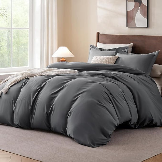 FreshCulture California King Duvet Cover - 3 Pieces Microfiber Duvet Cover Set with Zipper Closure - Lightweight & Easy Care - 1 Comforter Cover & 2 Pillow Shams - Comforter Not Included (Dark Grey)