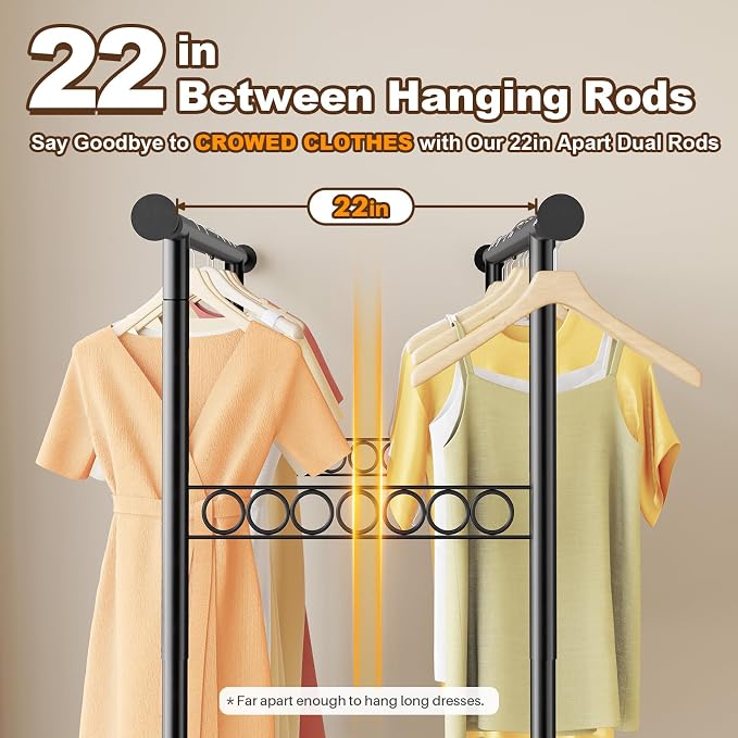 HOKEEPER Clothes Rack Load 650 LBS Collapsible Clothing Rack Double Rod | Black 22"D*75"W*68"H, Adjustable Heavy Duty Garment Rack for Hanging Clothes Rolling Commercial Closet Rack with Shelves
