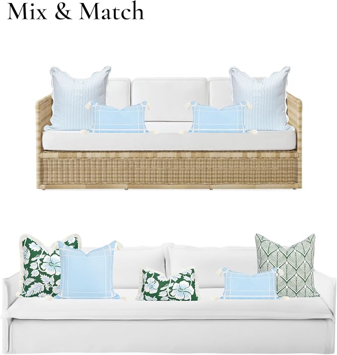 Hofdeco Premium Coastal Patio Indoor Outdoor Lumbar Pillow Cover Only, 12"x20" Water Repellent for Backyard, Couch, Baby Blue Embroidered Line Frame