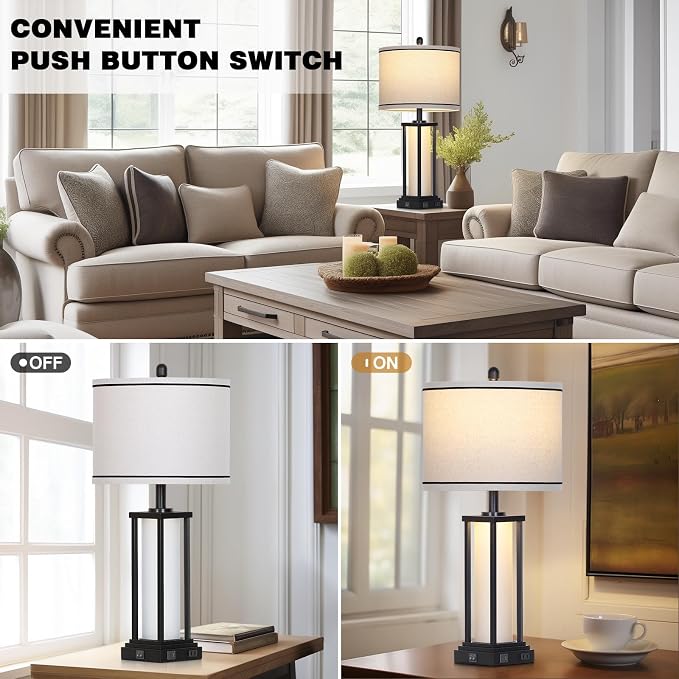 Cinkeda 27" Tall Vintage Table Lamp with USB C+A & Outlet,Black Industrial End Table Lamp for Living Room,Farmhouse Rustic Bedside Lamp with Frosted Glass Night Light for Bedroom Nightstand,Black-1P