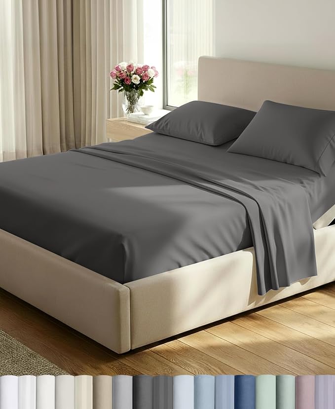 California Design Den 100% Cotton Sateen Split King Bed Sheet Set, 5 Pcs | 500 Thread Count with Good Housekeeping Seal, Split King Sheets Sets for Adj. Bed with 2 Sep. Twin-XL Mattresses - Dark Grey