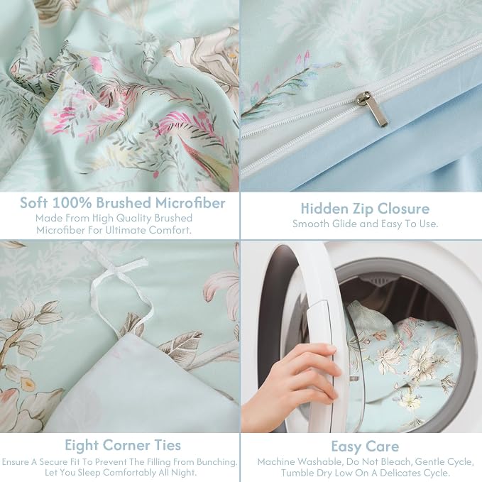 LONAVA King Flower 3 Pcs Duvet Cover Set, Breathable Soft Microfiber Light Blue Lining Comforter Cover with Zipper Closure, and 2 Anti-Pilling, Fade Resistant Pillowcases, Mint Flower