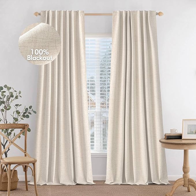 MIULEE 100% Blackout Curtains Linen Curtains & Drapes 90 Inch Natural Beige | 2 Panels, Full Black Out, Thermal Insulated, Room Darkening Window Curtains for Bedroom Living Room , Back Tab & Rod Pocket