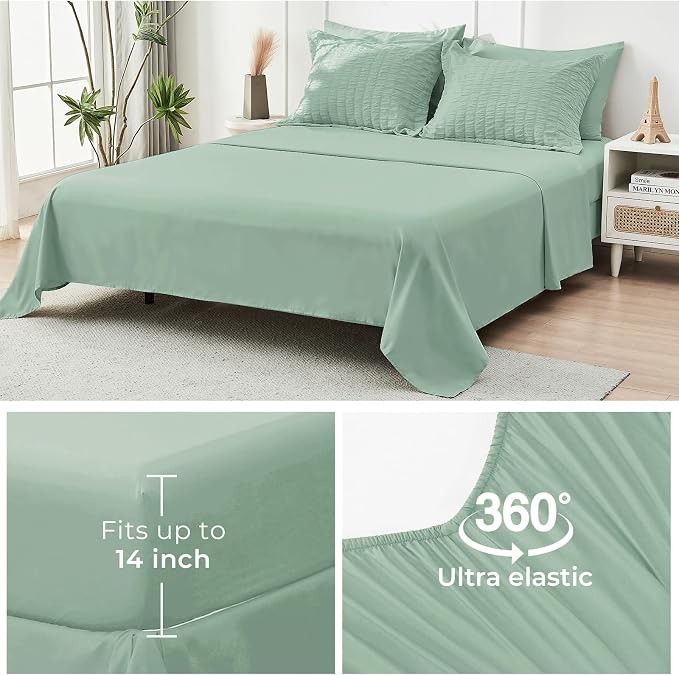 HYMOKEGE Sage Green Oversized King Comforter Set Seersucker 7 Pieces, All Season Luxury Bed in a Bag for Bedroom, Bedding Set with Comforter, Sheets, Pillowcases & Shams