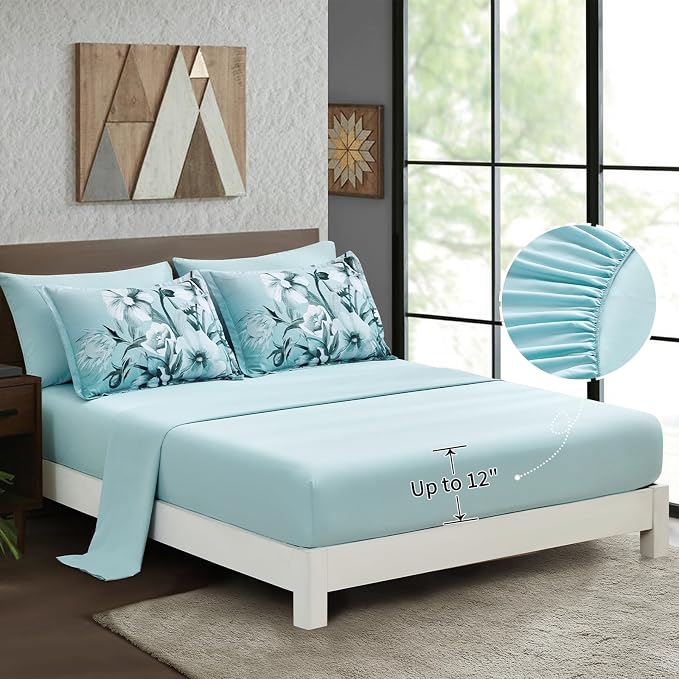 Floral Comforter Set Twin Size 7 Piece, Aqua Flower Bed in a Bag, Elegant Gradient Floral Comforter with Sheet Set, Soft Seersucker Microfiber Bedding Set for All Season (Aqua, 68"x86")