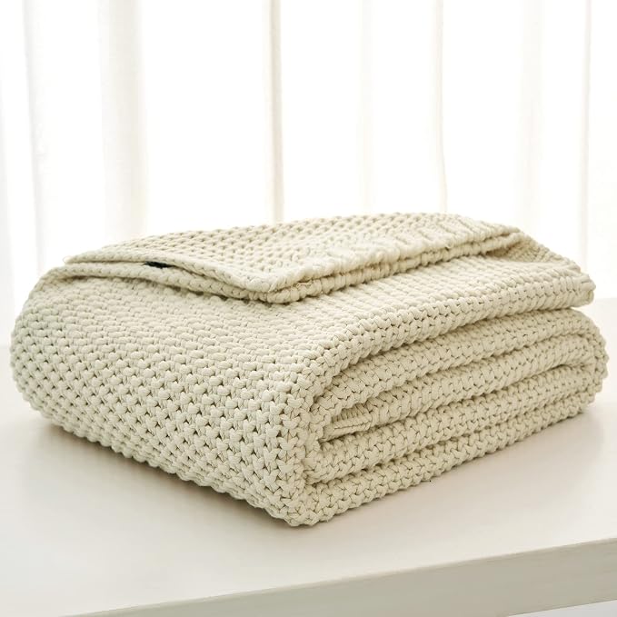 Chunky Cable Knit Throw Blanket Lightweight Cream 100% Organic Cotton Blanket for Sofa Couch Bed Baby Nursery, Rustic Shabby Chic Modern Farmhouse, 60” x 80” Give Laundering Bag