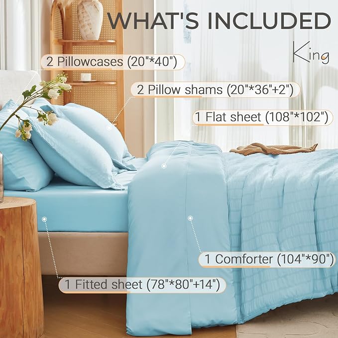7 Pieces King Comforter Set, Seersucker Bed in a Bag King Size, All Season Luxury Bedding Set with Comforter, Flat Sheet, Fitted Sheet, Pillowcases & Shams, Lake Blue