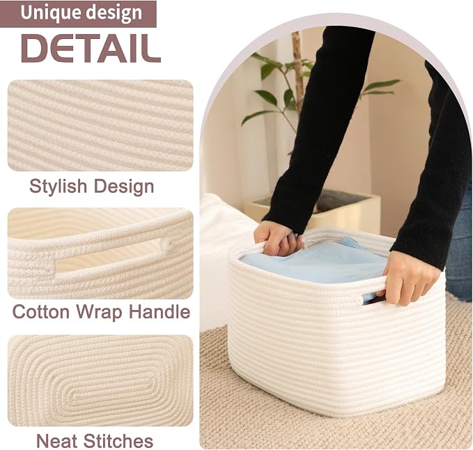 OIAHOMY 4 Pack Storage Baskets for Organizing 24L Cube Storage Bins White | Woven Baskets for Storage Rectangle Small Baskets With Handles Baskets for Shelves Wicker Baskets for Shelves 16x12x8inch
