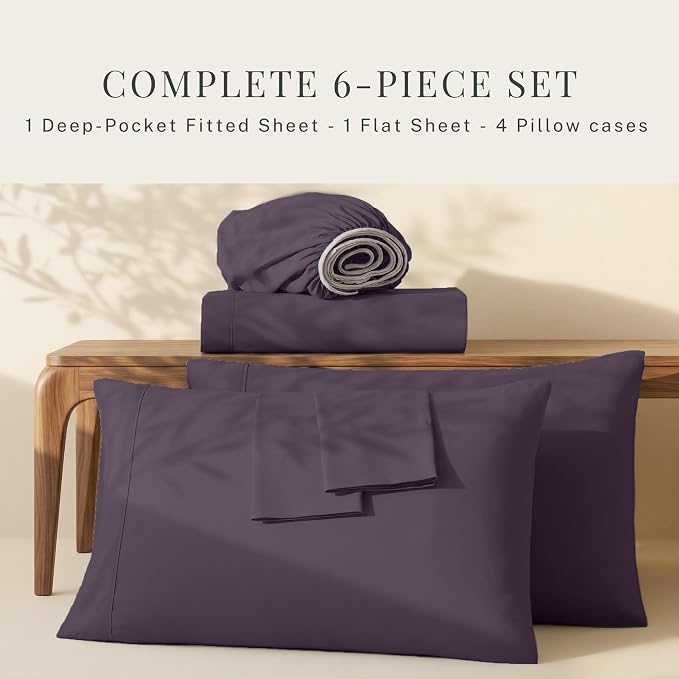 Hearth & Harbor Extra Deep Pocket Sheets - Fits Mattress 18-24 Inches Deep - Extra Deep Pocket Split King Size Sets - 7 Piece Split King Size - Eggplant