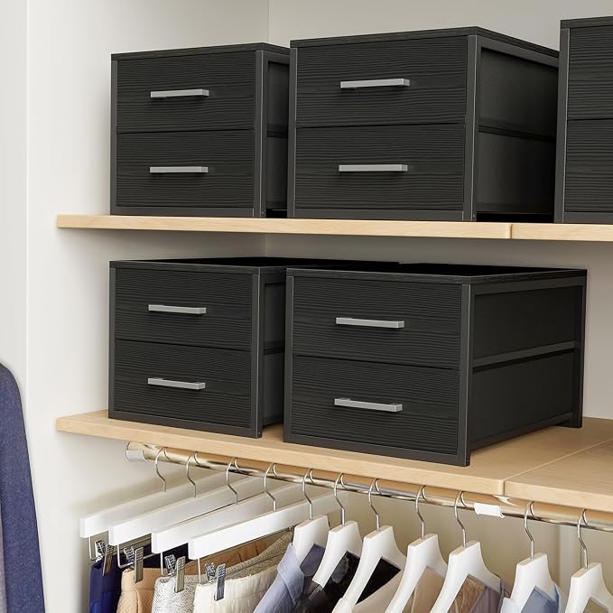 BOLUO Stackable Storage Drawers Narrow Closet Organizers and Storage Fabric Black 2 Drawer Dresser for Bedroom 2 Packs Modern