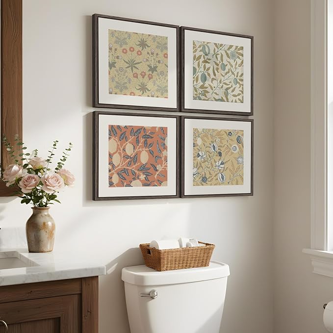Framed William Morris Wall Art Set of 4, Vintage Botanical Floral Fruit Pattern Canvas Prints Artwork for Walls, Retro Natural Square Picture for Living Rooms Dining Room Hallway Wall Decor, 12x12 In