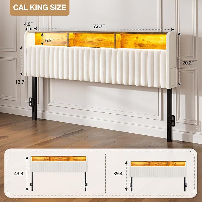 IKIFLY California King Storage Headboard Only, Adjustable Height, White | Velvet Upholstered Cal King Head Board with LED Lights & Charging Station, Easy Assembly, Modern Freestanding Headboard