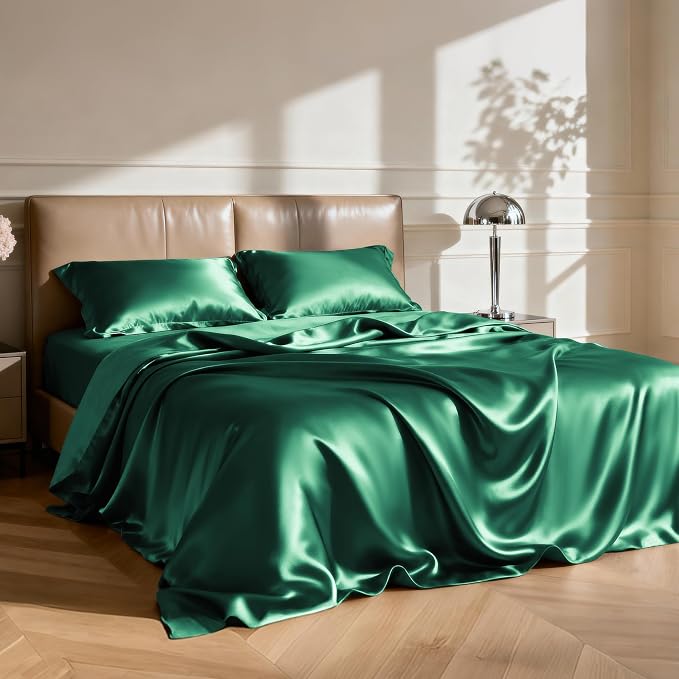 Love's cabin Twin Satin Sheet Set - 3 Piece Dark Green Silky Bed Sheets with Deep Pockets, Luxury Silk Feel Satin Twin Size Sheet Set Bedding Set (1 Flat Sheet,1 Fitted Sheet,1 Pillow case)