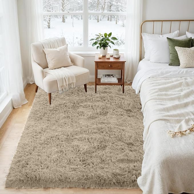 4x6 Fluffy Shag Area Rugs for Living Room Bedroom: Soft Carpet Gray Camel | Upgraded Non-Slip Thick Memory Foam, Ultra Soft, Non-Shedding Fuzzy Carpet, Easy Clean Decor for Kids Room, Nursery, Playroom
