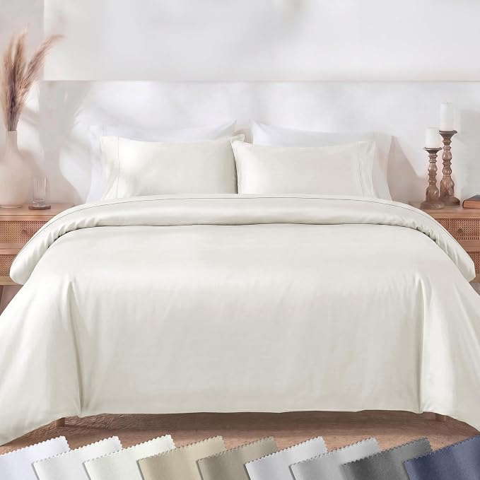California Design Den Luxury Queen Duvet Cover Set, Ivory | Soft 400 Thread Count 100% Cotton Sateen Backed by GH Seal, Duvet Cover & Pillow Sham 3 Pc Set, Button Closure & Corner Ties