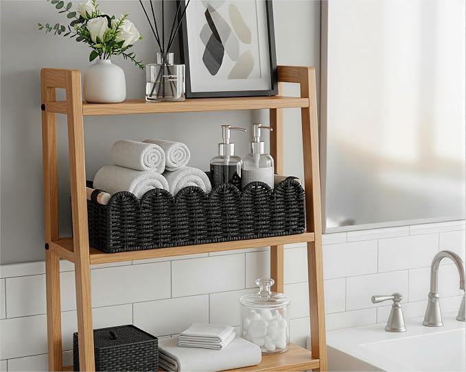 CubesLand Scalloped Toilet Paper Storage Basket W/Handle for Home Decor | Paper Rope Toilet Organizer Basket for Countertop, Over Toilet Shelf, End Table, Living Room Cozy Decorative & More, Black